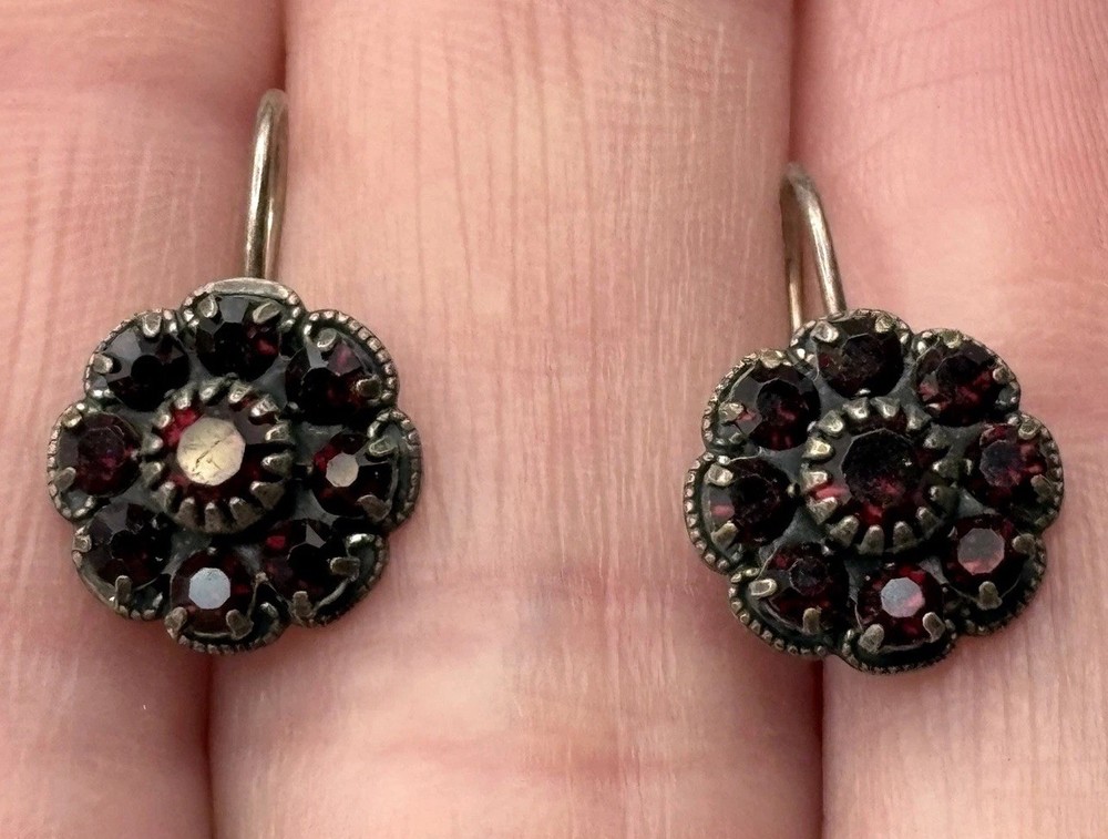 Vintage Faux Garnet Crystal Flower Cluster Drop Dangle Earring Hook Back