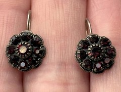 Vintage Faux Garnet Crystal Flower Cluster Drop Dangle Earring Hook Back
