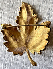 Vintage Gold Tone Leaf Brooch Signed Trifari Textured Mid Century Costume Jewel