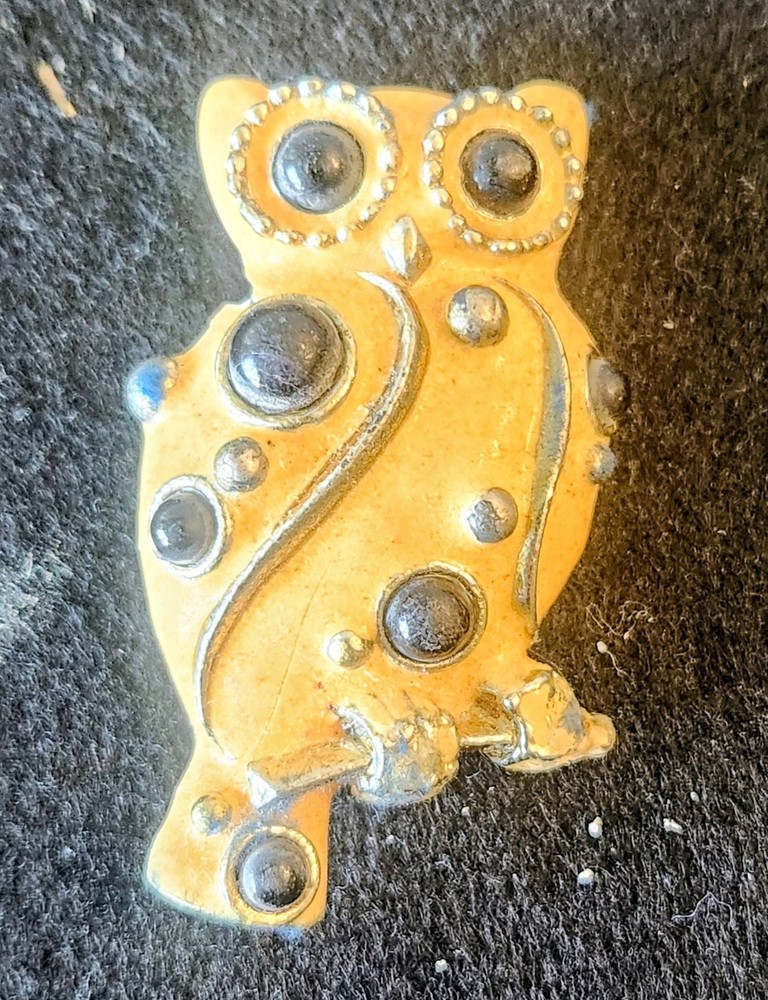 Rare! Vintage! LANVIN Paris Signed Owl Brooch/Pin w/Black Cabochons 1980’s READ