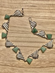 Mexico Sterling Art Deco Green Gemstone Choker Necklace 15”.