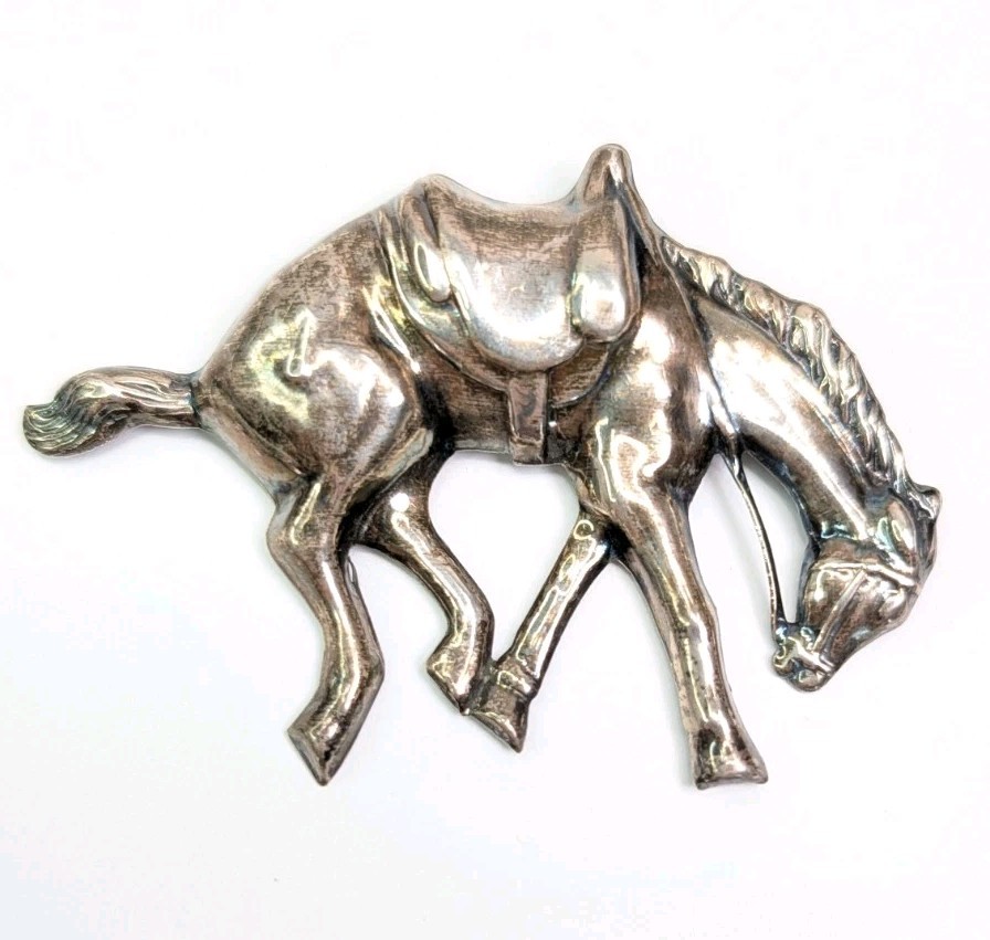 Sterling Silver Horse Brooch Large Bucking Bronco Western Rodeo Equestrian 3-1/8
