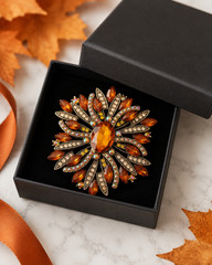 Vintage Amber Crystal Rhinestone Brooch, Antique Gold Tone Statement Pin