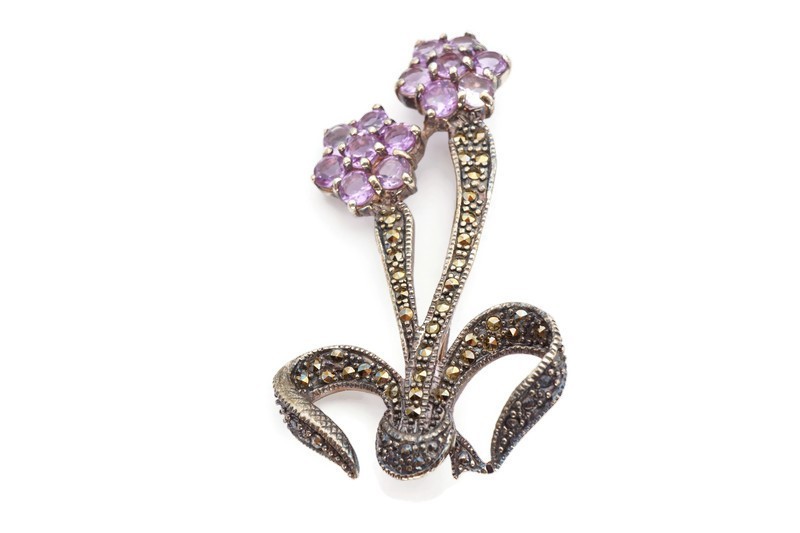 Vintage Sterling Silver 925 Amethyst Marcasite Flower Brooch Pin