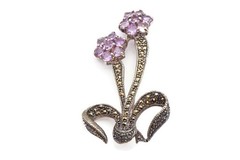 Vintage Sterling Silver 925 Amethyst Marcasite Flower Brooch Pin