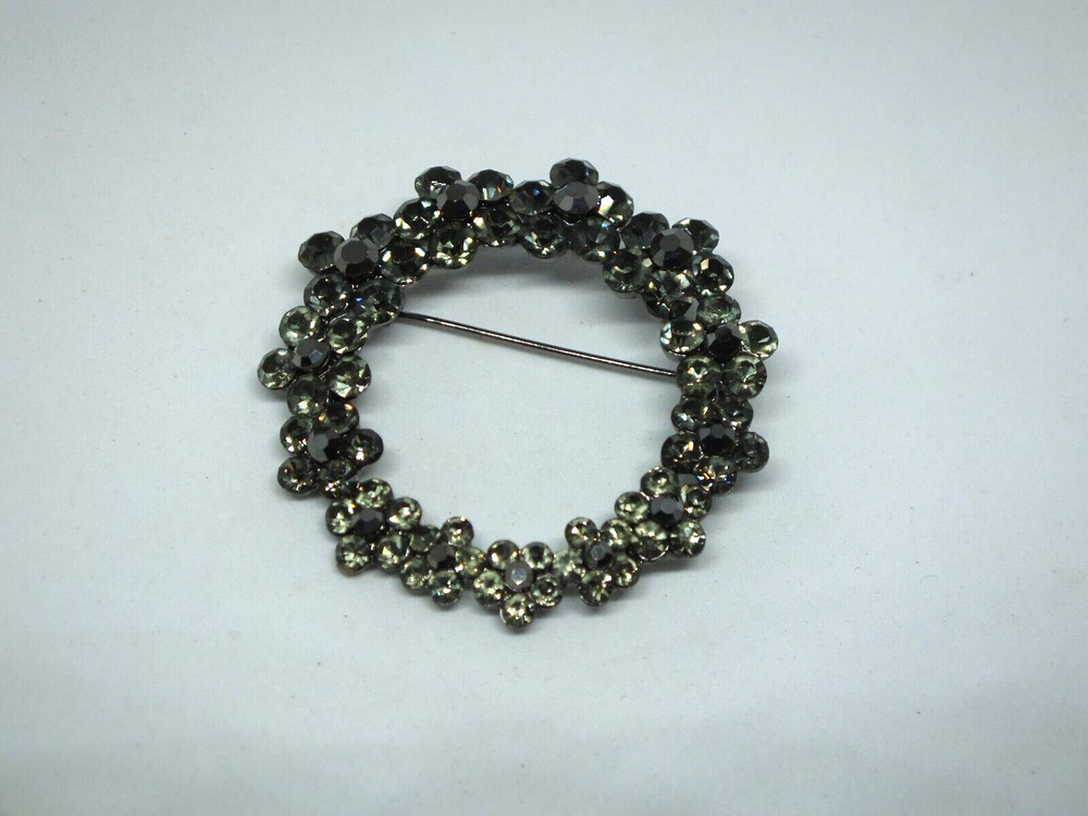 Beautiful Brooch Pin Dark Silver Tone Smoky Rhinestones 1 3/4″ NICE