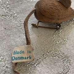 2 Vtg MCM Denmark Lt Teak Wood Leather Mouse Lapel Pin Brooch Black Bead Eyes