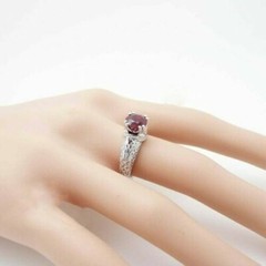Art Deco Style Round Red Garnet & Lab Created Diamond Engagement 925 Silver Ring