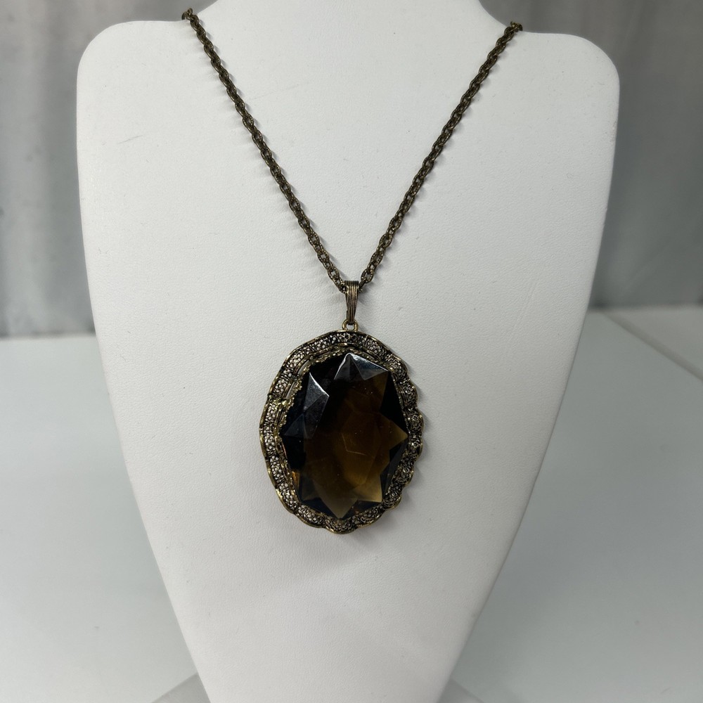 Vintage Large Brown Smoky Quartz Color Cushion Cut Pendant Necklace Gold Tone
