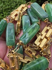 Vintage Asian Export Green Faux Jade Lucite Long Necklace Geometric Links 36.5″