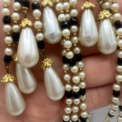 Vtg Jomaz/Joseph Mazer Signed Pearl/Blk Bead Lariat Necklace–7 Strand Scarf Styl