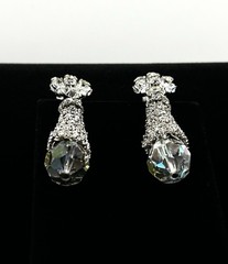 Vtg-CLEAR Rhinestone-Floral-AURORA BOREALIS-Dangle-Clip-on EARRINGS-Pat Pending