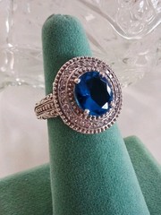 Vintage Art Deco London Blue Topaz CZ Halo Cocktail Ring Size 7 Sterling Silver