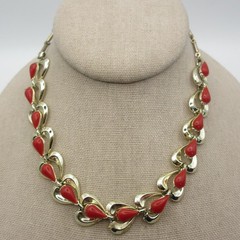 Vintage Hearts Necklace Red Beads Gold Tone Links Choker Collar 15 Inch