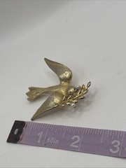 Vintage Signed Marvella Bird Textured Gold Tone Blue Rhinestone Eyes Pin Brooch