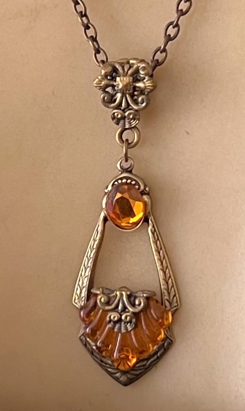 Vintage Lavalier Necklace Art Deco Pendant W/ Antique Amber Topaz Czech Glass