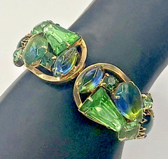 Vintage Gold Tone Bracelet w/ Blue & Green Stones • Bold Statement Jewelry
