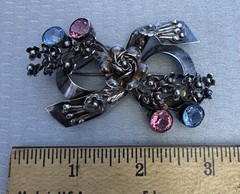 Hobe Sterling Silver Bow Brooch Large 3D Rose Floral Pink Blue Glass Jeweled 3″