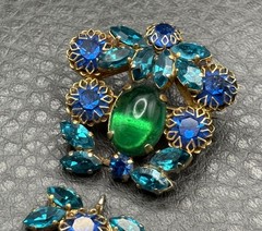VTG Dog Tooth Prong Blue Green Rhinestone Cupcake Setting Brooch Dangle REPAIR