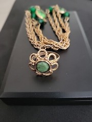 Vntg Bezel Set Green Lucite Necklace & Uncas Mfg Co Adjustable Green Stone Ring