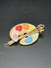 Vintage Artist Paint Palette w Brushes Enamel Gold Tone Pin Brooch Artsy Jewelry