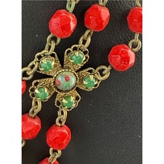 Vintage Freirich Necklace Triple Scalloped Red Faceted Glass Beads Green Flowers