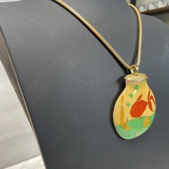 Vintage Cloisonne Fishbowl Pendant Vibrant Enamel Red Fish & Yellow Green Accent