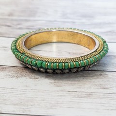 Vintage Bracelet / Bangle – Green & Gold Tone with Fancy Detail
