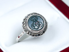835 Silver – Antique Art Nouveau Ring/Seal / Engraving – Heliotrope U.Markasite