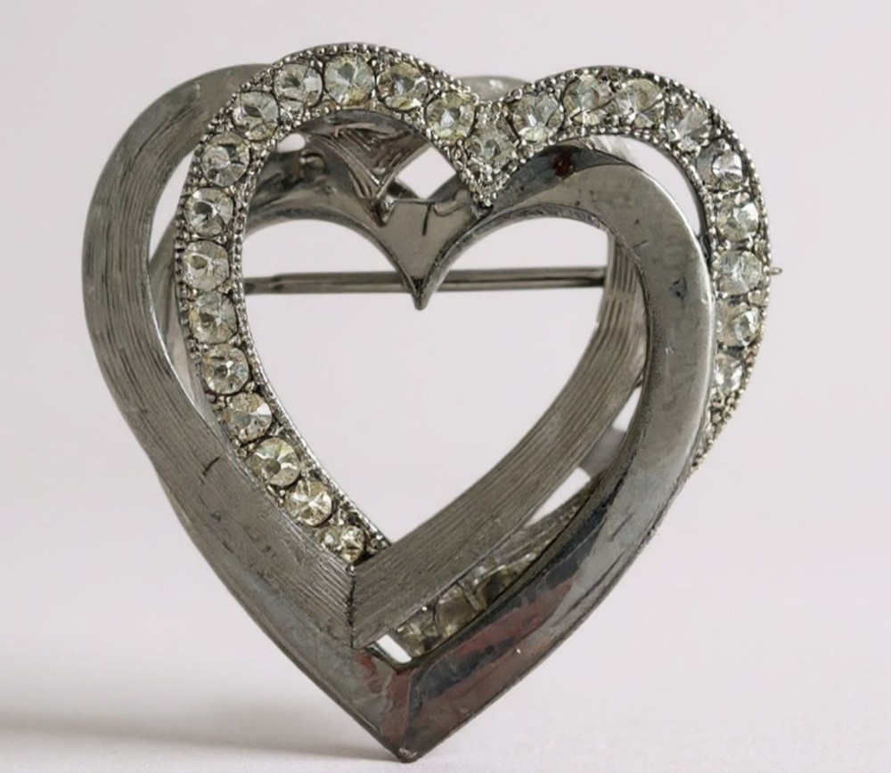 Triple Heart Intertwined Brooch Silver Tone Rhinestone Lapel Pin