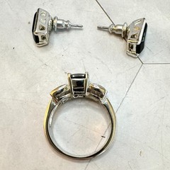 Fashion Ring & Earring Set Faux Black Onyx CZ Silver Tone Sz 7 New Old Stock