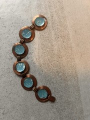 Vintage Mid Century Copper Link Panel Bracelet Blue Enamel Some Flaws H5