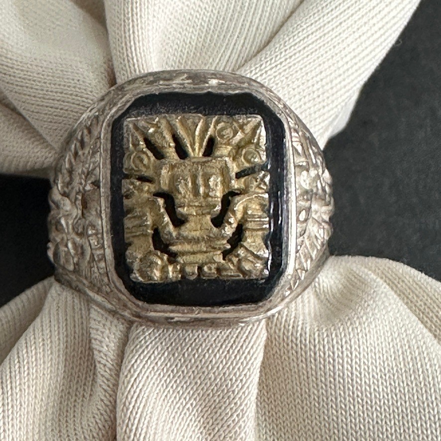 Vintage Mexican Biker Ring Aztec Calendar Mixed Metal Silver Tone Embossed Men