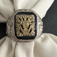 Vintage Mexican Biker Ring Aztec Calendar Mixed Metal Silver Tone Embossed Men