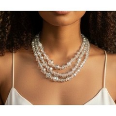 Vintage 3 Strand Crystal Glass Choker Necklace Clear Gray Faceted Beads 12–15″