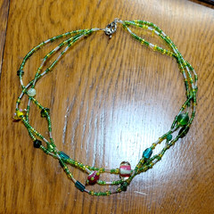 Green glass beaded necklace 3 strand lampwork beads