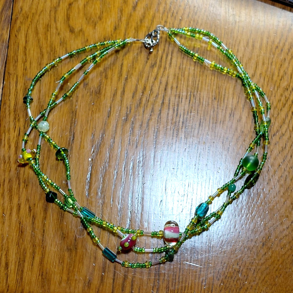 Green glass beaded necklace 3 strand lampwork beads
