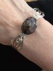 Vintage Jasper Cabochon Bracelet Silver Tone Wire Filigree Wrap 2.5″
