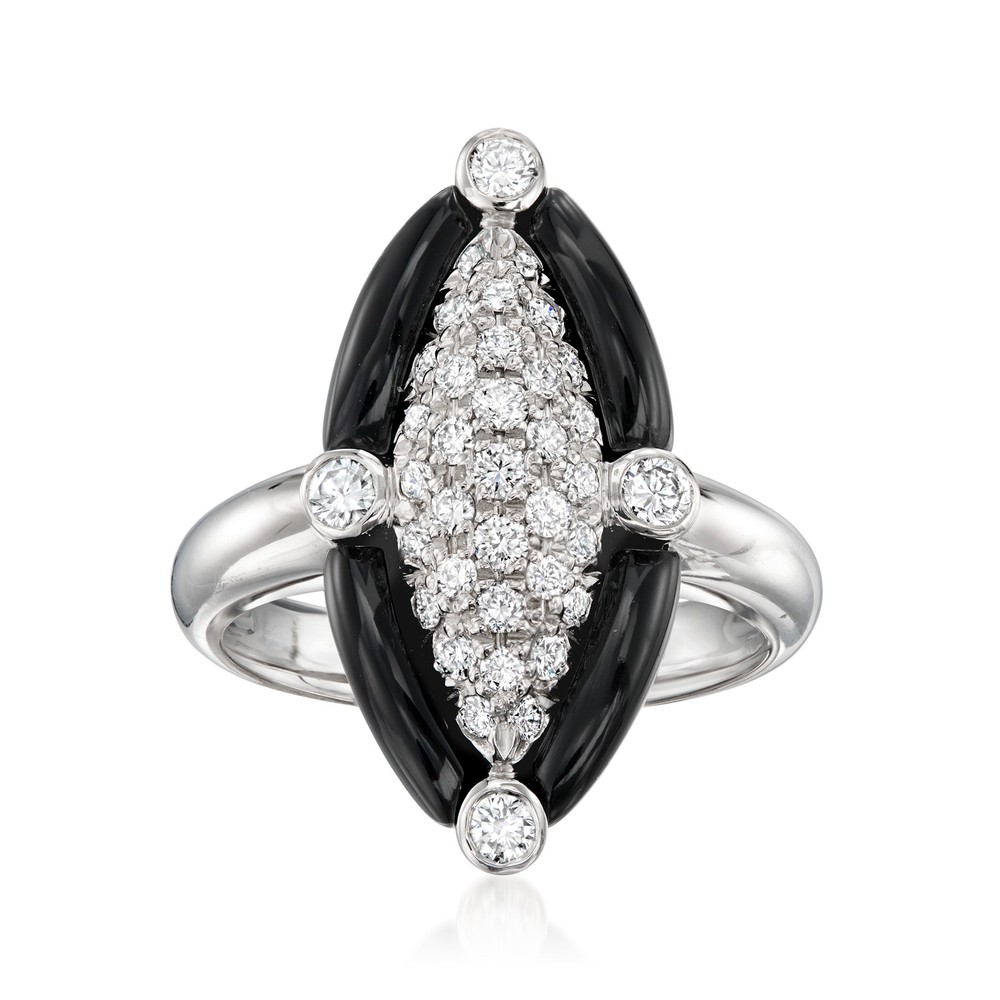 Vintage Onyx and .60 ct. t.w. Diamond Navette Ring in Platinum. Size 6.25