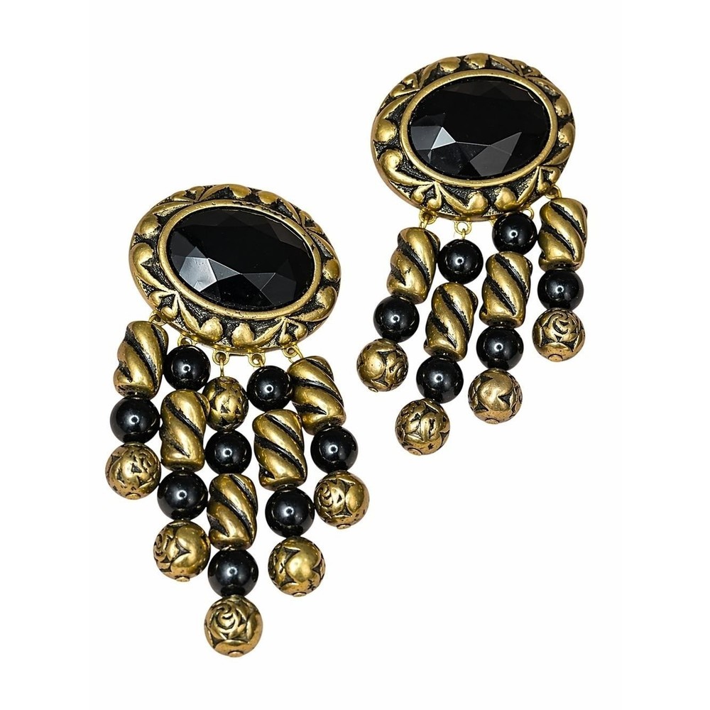Vintage Gold Tone Black Acrylic Bead Clip On Earrings Large Statement Chandelier