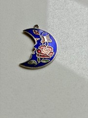 Vintage 90s Cloisonné Blue Crescent Moon Earring Pendant, Floral Butterfly 1990s