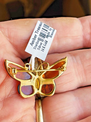 14K Gold Filled Butterfly Genuine Baltic Amber Brooch Vintage Butterscotch 925