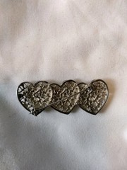 Vintage Silvertone Filagree Triple Heart Bar Pin 2″
