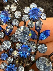 Vintage Austria Rhinestone Flower Brooch Blue Black Enamel READ
