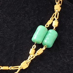 Vtg Asian Inspired 40″ Necklace Gold Tone Y Tassel Lariat Green Faux Jade Beads