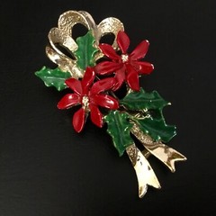 Christmas Pin Lot Signed GERRYS Gold Tone Tree Bells Poinsettia & Bow Vintage