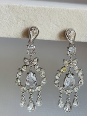Vintage Swarovski Brand Rhodium Plated Crystal Chandelier Dangle Clip Earrings