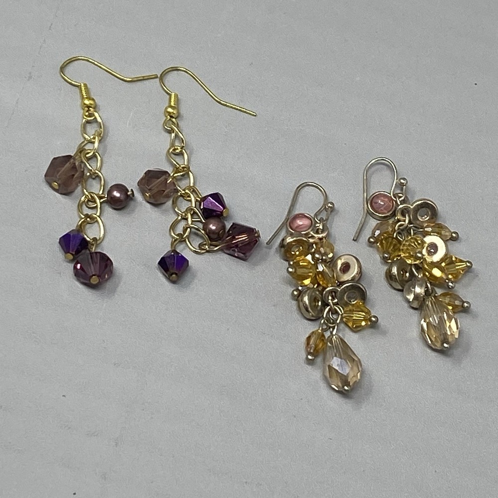 Glass Beaded Dangle Drop Earrings Pair (2) Purple Yellow Fringe Pierced