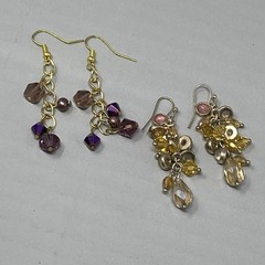 Glass Beaded Dangle Drop Earrings Pair (2) Purple Yellow Fringe Pierced