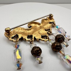 Vintage 80s Gold Tone Scrollwork Brooch Pin with Crystal Bead Dangles
